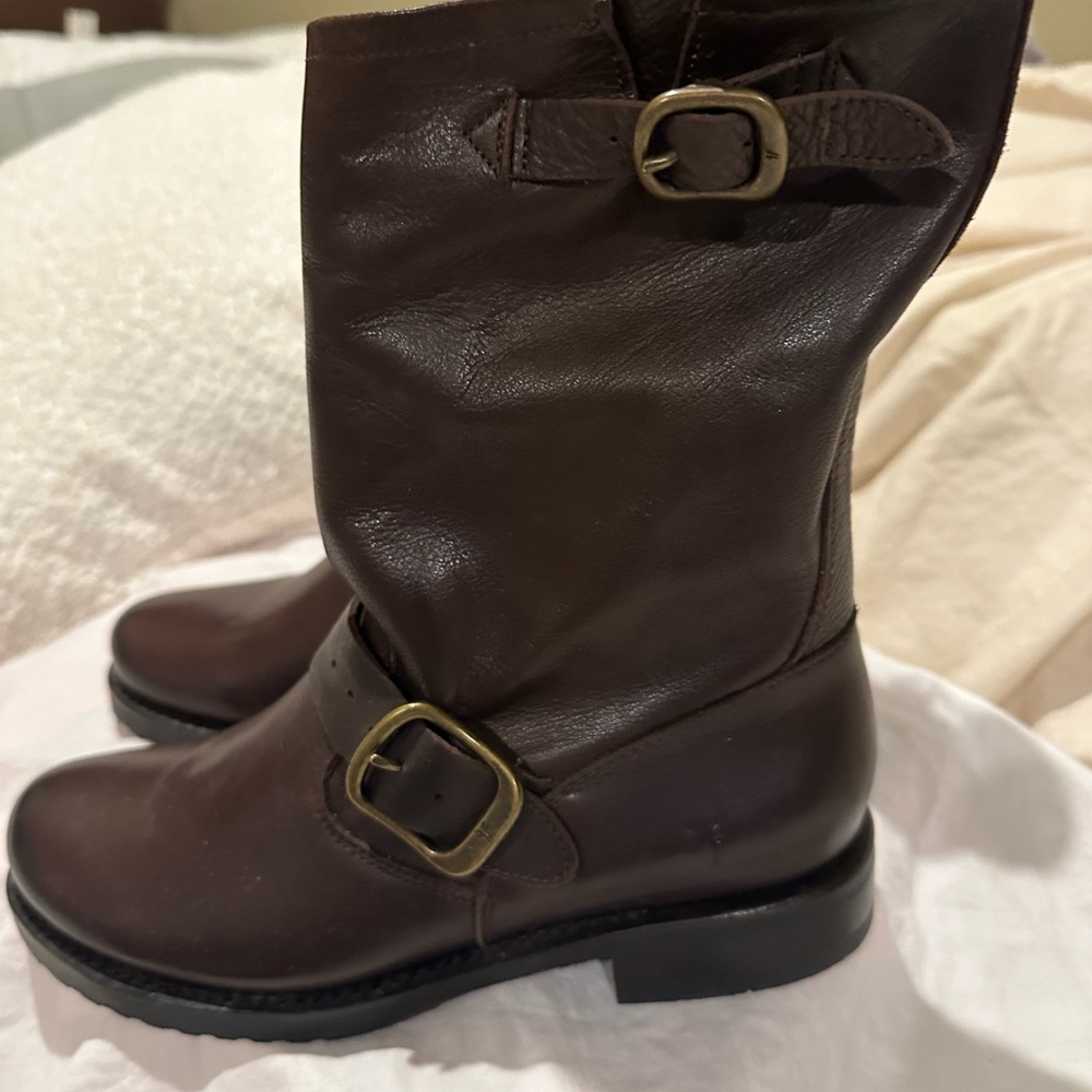 Frye Veronica Brown Leather Slouch Boots with Buckle Detail